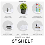 5” SMALL FLOATING SHELF, ADHESIVE & SCREW IN, FOR BLUETOOTH SPEAKERS, CAMERAS, PLANTS, BOOKS, TOYS & MORE, UNIVERSAL SHELVES, EASY TO INSTALL (SHELF CF2105 WHITE) - WHITE