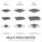 3-PACK MIXED SIZE CORNER SHELF (8” 9.5” & 10”) FOR SPEAKERS, BOOKS, DECOR, PLANTS, CAMERAS, PHOTOS, KITCHEN, BATHROOM, ROUTERS & MORE UNIVERSAL SMALL HOLDER ACRYLIC WALL SHELVES - WHITE